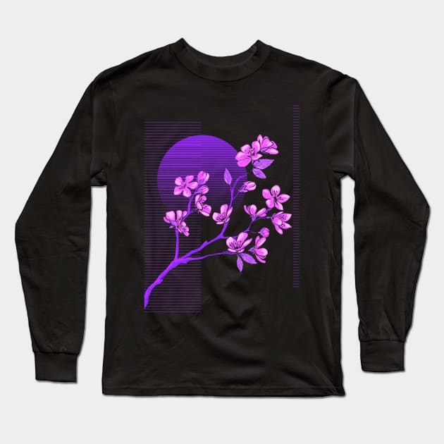 Vaporwave Aesthetic Synthwave Sunset Cherry Blossoms Sakura Long Sleeve T-Shirt by Sassee Designs